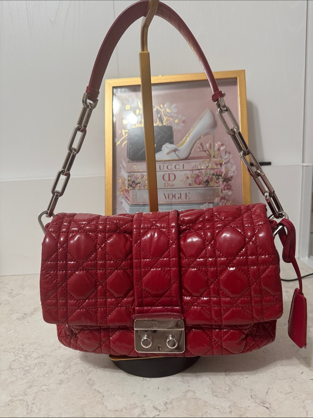 Dior Quilted Patent Cannage Leather Shoulder Bag in Red with COA